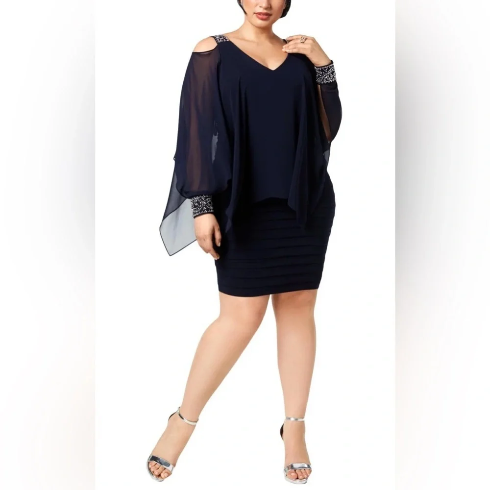 Betsy & Adams Elegant Navy Silver Cold Shoulder Drop Waist Dress Plus Sizes, NEW - Picture 5 of 14